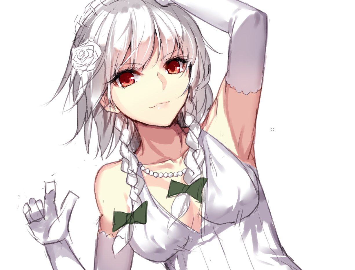 &gt;:) 1girl alternate_costume aosaki_yukina arm_up armpits bangs bare_shoulders bead_necklace beads bow braid breasts closed_mouth elbow_gloves flower gloves green_bow hair_bow hair_flower hair_ornament izayoi_sakuya jewelry maid_headdress medium_breasts necklace red_eyes silver_hair smile solo touhou twin_braids upper_body white_gloves