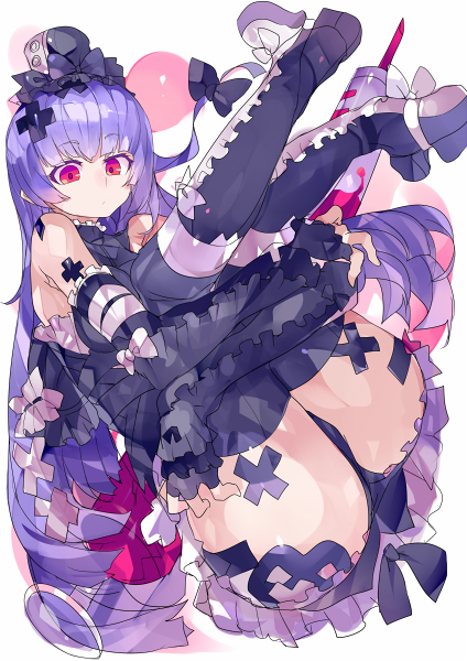 1girl ass blood boots bow frills gothic_lolita hat kiyoichi_(acacia_soukyoukai) lolita_fashion long_hair original panties purple_hair red_eyes solo syringe thigh-highs underwear