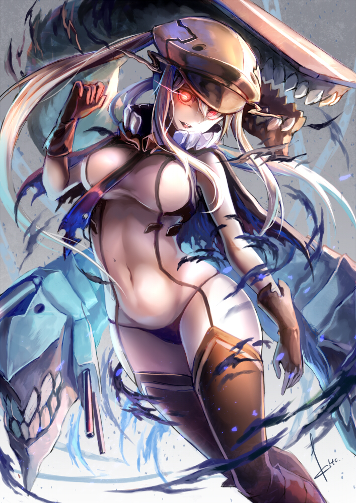 1girl adapted_costume artist_name bikini_top blonde_hair capelet collar commentary_request dark_persona full_body gloves glowing glowing_eyes graf_zeppelin_(kantai_collection) hat kantai_collection kito_(kito2) long_hair looking_at_viewer navel open_mouth peaked_cap red_eyes rigging shinkaisei-kan sleeveless solo string_panties teeth thigh-highs twintails