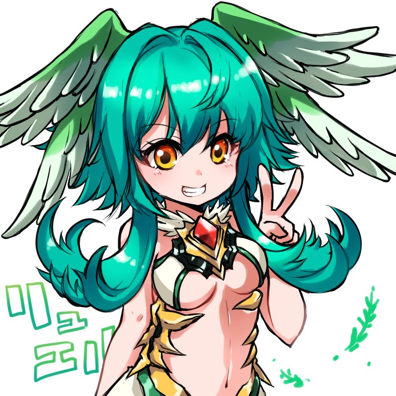 1girl :d aqua_hair bangs bare_arms bare_shoulders blush breasts crystal eyebrows_visible_through_hair feathered_wings flipped_hair fur_collar gem grin hair_between_eyes hair_intakes hand_up head_wings leaf looking_away medium_breasts midriff navel open_mouth orange_eyes pikomarie puzzle_&amp;_dragons ruby_(stone) ruel_(p&amp;d) shiny shiny_hair short_hair_with_long_locks simple_background smile solo stomach teeth under_boob upper_body v white_background wings