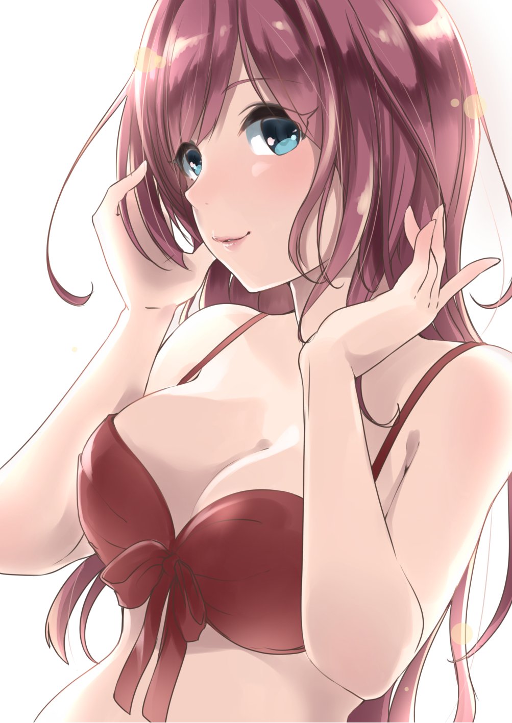 1girl bangs blue_eyes breasts brown_bikini brown_hair cleavage front-tie_bikini front-tie_top hands_up highres ichinose_shiki idolmaster idolmaster_cinderella_girls long_hair looking_at_viewer medium_breasts murabito_c parted_lips simple_background smile solo upper_body white_background