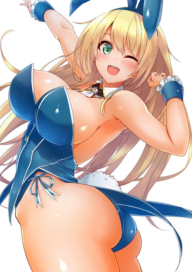 1girl adapted_costume agarwood animal_ears ass atago_(kantai_collection) bare_shoulders blonde_hair blush breasts bunny_girl bunny_tail bunnysuit detached_collar fake_animal_ears green_eyes kantai_collection large_breasts leotard long_hair looking_at_viewer neckerchief one_eye_closed open_mouth outstretched_arm rabbit_ears simple_background smile solo tail white_background wrist_cuffs