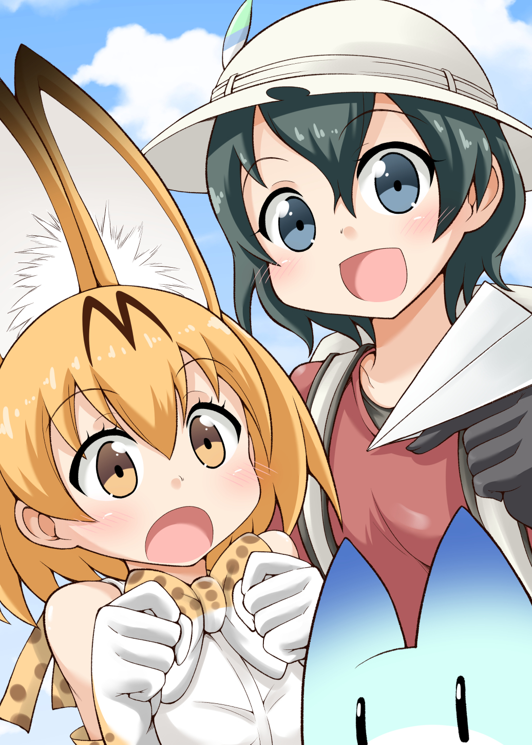 2girls animal_ears black_hair blonde_hair blue_eyes blue_sky bow bowtie bucket_hat clenched_hand clouds commentary_request elbow_gloves gloves hair_between_eyes hat hat_feather highres kaban kemono_friends looking_at_viewer lucky_beast_(kemono_friends) multiple_girls open_mouth red_shirt serval_(kemono_friends) serval_ears serval_print shirt short_sleeves sky sleeveless sleeveless_shirt smile surprised t-shirt upper_body white_shirt yamato_nadeshiko yellow_eyes