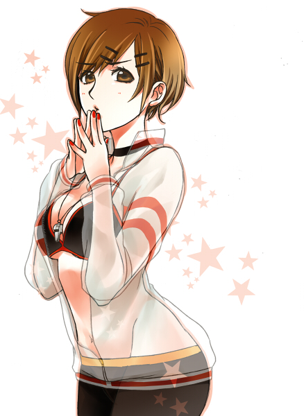 1girl bra breasts brown_eyes brown_hair cleavage hair_ornament hairclip hands_together long_sleeves looking_at_viewer meiko nail_polish navel project_diva_(series) red_nails see-through short_hair sketch solo toyu under_boob underwear vocaloid whistle white_background