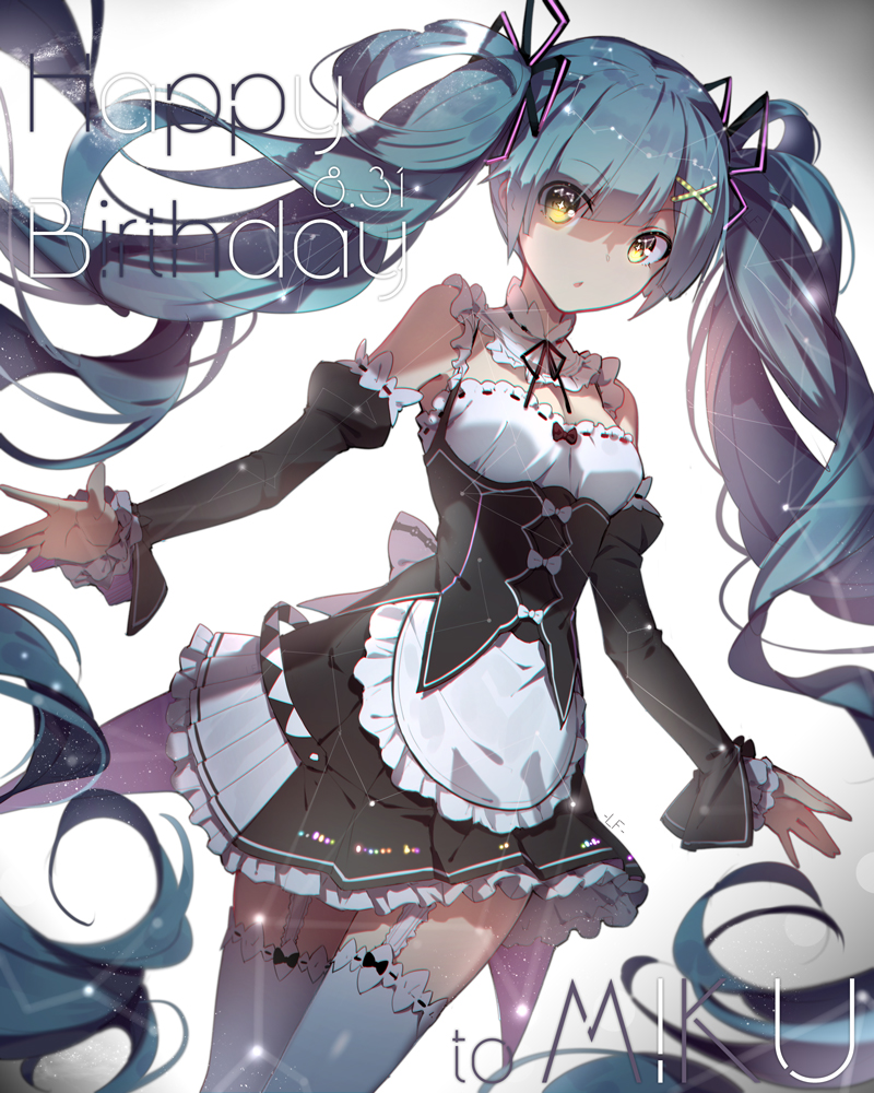 1girl adapted_costume alternate_costume alternate_eye_color aqua_hair bare_shoulders belt character_name cosplay dated detached_sleeves dress frills garter_straps hair_ornament hairclip happy_birthday hatsune_miku lf long_hair looking_at_viewer maid re:zero_kara_hajimeru_isekai_seikatsu rem_(re:zero) rem_(re:zero)_(cosplay) revision skirt solo sparkle thigh-highs twintails very_long_hair vocaloid white_legwear x_hair_ornament yellow_eyes