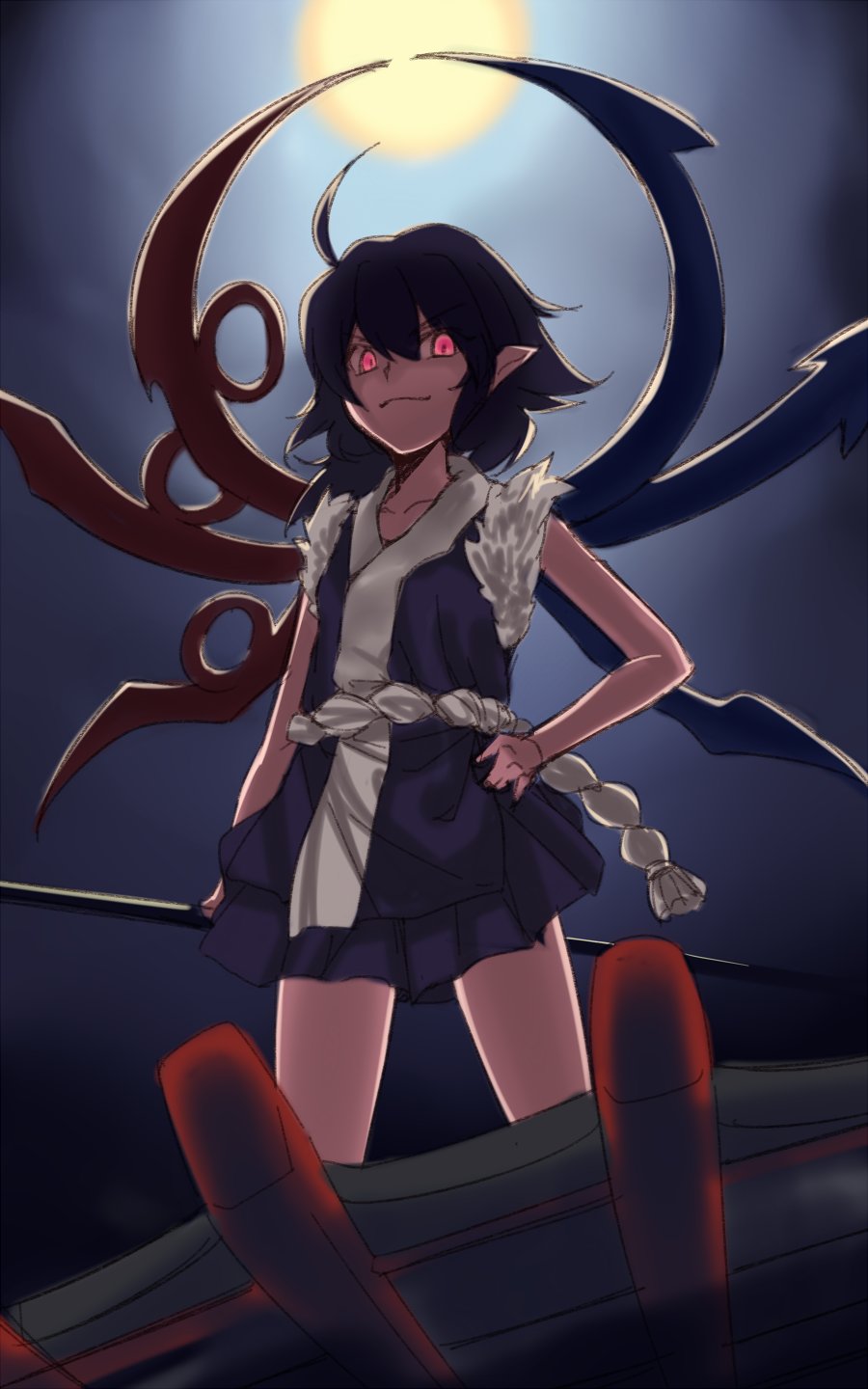 1girl ahoge alternate_costume asymmetrical_wings backlighting bare_arms black_hair closed_mouth collarbone cowboy_shot full_moon fur_trim hair_between_eyes hand_on_hip highres holding holding_weapon houjuu_nue japanese_clothes kaiza_(rider000) moon pointy_ears red_eyes smile solo touhou weapon wings