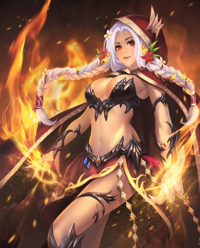 1girl armor bikini_armor braid breasts cloak cowboy_shot embers fantasy fiery_background fingernails fire flower hair_flower hair_ornament hood hooded_cloak jewelry long_fingernails long_hair looking_at_viewer magic medium_breasts midriff navel nguyen_uy_vu open_mouth original red_eyes sharp_fingernails solo sorceress twin_braids white_hair wizard