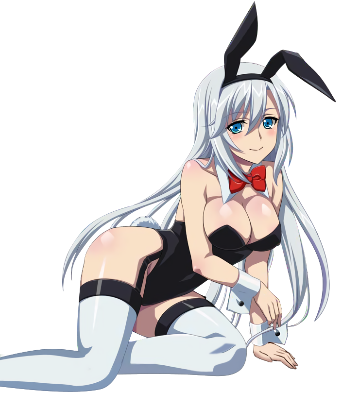 1girl animal_ears black_hairband black_leotard blue_eyes blush bow bowtie breasts bunny_tail bunnysuit choker cleavage covered_navel eyebrows_visible_through_hair fake_animal_ears garter_straps hair_bow hairband la_folia_rihavein large_breasts leotard long_hair looking_at_viewer rabbit_ears red_bow shiny shiny_clothes shiny_skin silver_hair smile solo strapless strapless_leotard strike_the_blood tail thigh-highs transparent_background very_long_hair white_legwear