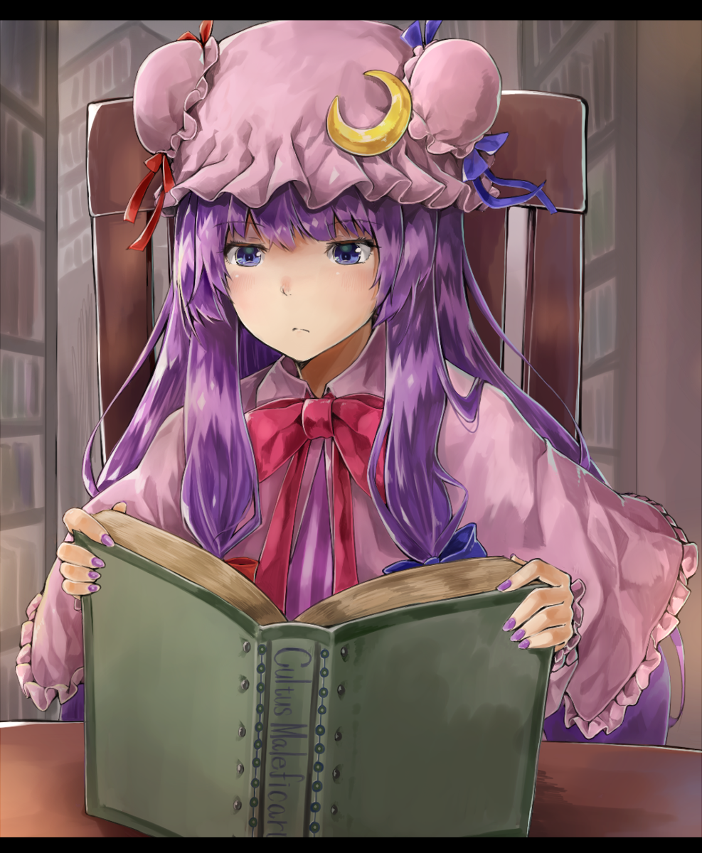 1girl bangs blue_eyes blue_ribbon blunt_bangs book bookshelf bow bowtie capelet closed_mouth crescent frown hat hat_ribbon highres letterboxed library long_hair mob_cap nail_polish netamaru open_book patchouli_knowledge purple_hair purple_nails reading red_bow red_bowtie red_ribbon ribbon sidelocks sitting solo table touhou upper_body voile