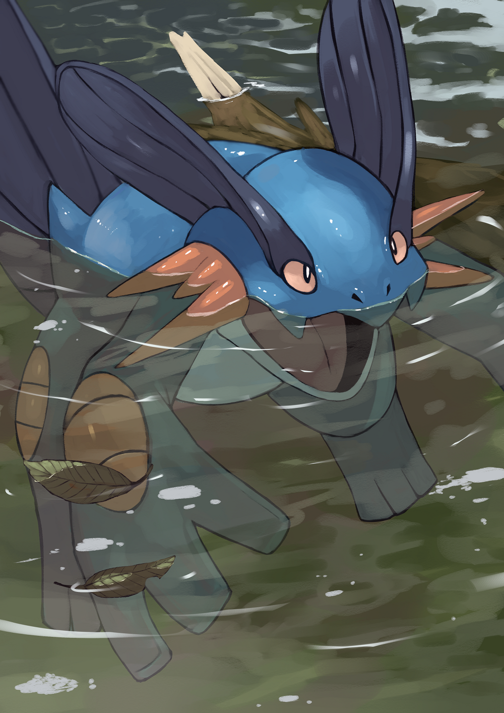 highres leaf pokemon pokemon_(creature) pokemon_(game) pokemon_rse swampert tesshii_(riza4828) water water_surface