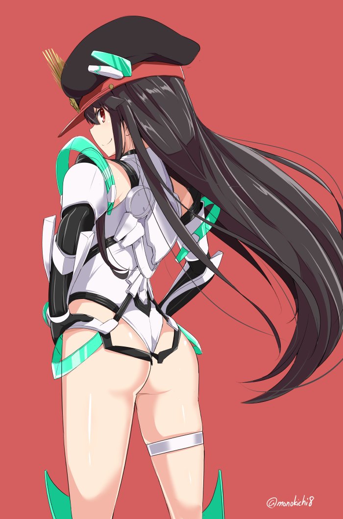 1girl angela_balzac angela_balzac_(cosplay) ass black_hair cosplay demon_archer fate/grand_order fate_(series) hands_on_hips hat kichihachi koha-ace kugimiya_rie leotard long_hair looking_at_viewer looking_back rakuen_tsuihou red_eyes seiyuu_connection smile