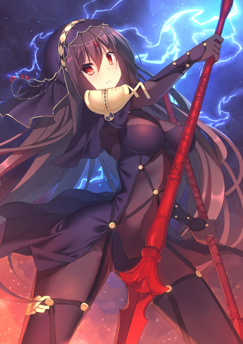 1girl armor bangs bodysuit breasts covered_navel cowboy_shot dual_wielding eyebrows_visible_through_hair fate/grand_order fate_(series) gae_bolg hair_between_eyes highres holding holding_weapon jewelry large_breasts lightning long_hair looking_at_viewer open_mouth parted_lips pauldrons polearm purple_bodysuit purple_hair red_eyes scathach_(fate/grand_order) shoulder_armor smile solo spear ureshiijelek veil weapon