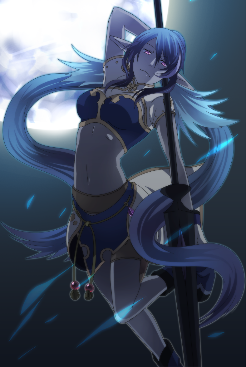1girl arm_up blue_hair breasts closed_mouth elf full_moon grey_background judith lance leg_up long_hair long_pointy_ears low_twintails medium_breasts midriff moon navel night outdoors outstretched_arm pointy_ears polearm revision setsu solo tales_of_(series) tales_of_vesperia twintails very_long_hair violet_eyes weapon
