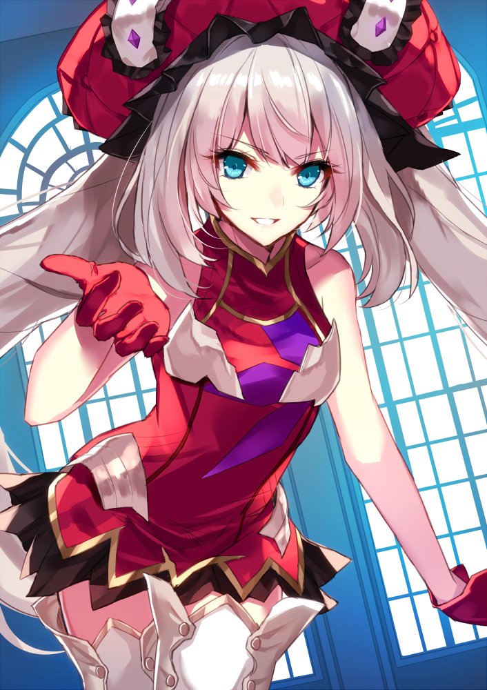 &gt;:) 1girl aosaki_yukina bangs bare_shoulders blue_eyes boots cowboy_shot dress fate/grand_order fate_(series) gloves hat long_hair marie_antoinette_(fate/grand_order) parted_lips reaching_out red_dress red_gloves short_dress silver_hair sleeveless sleeveless_dress smile solo thigh-highs thigh_boots tsurime twintails very_long_hair zettai_ryouiki