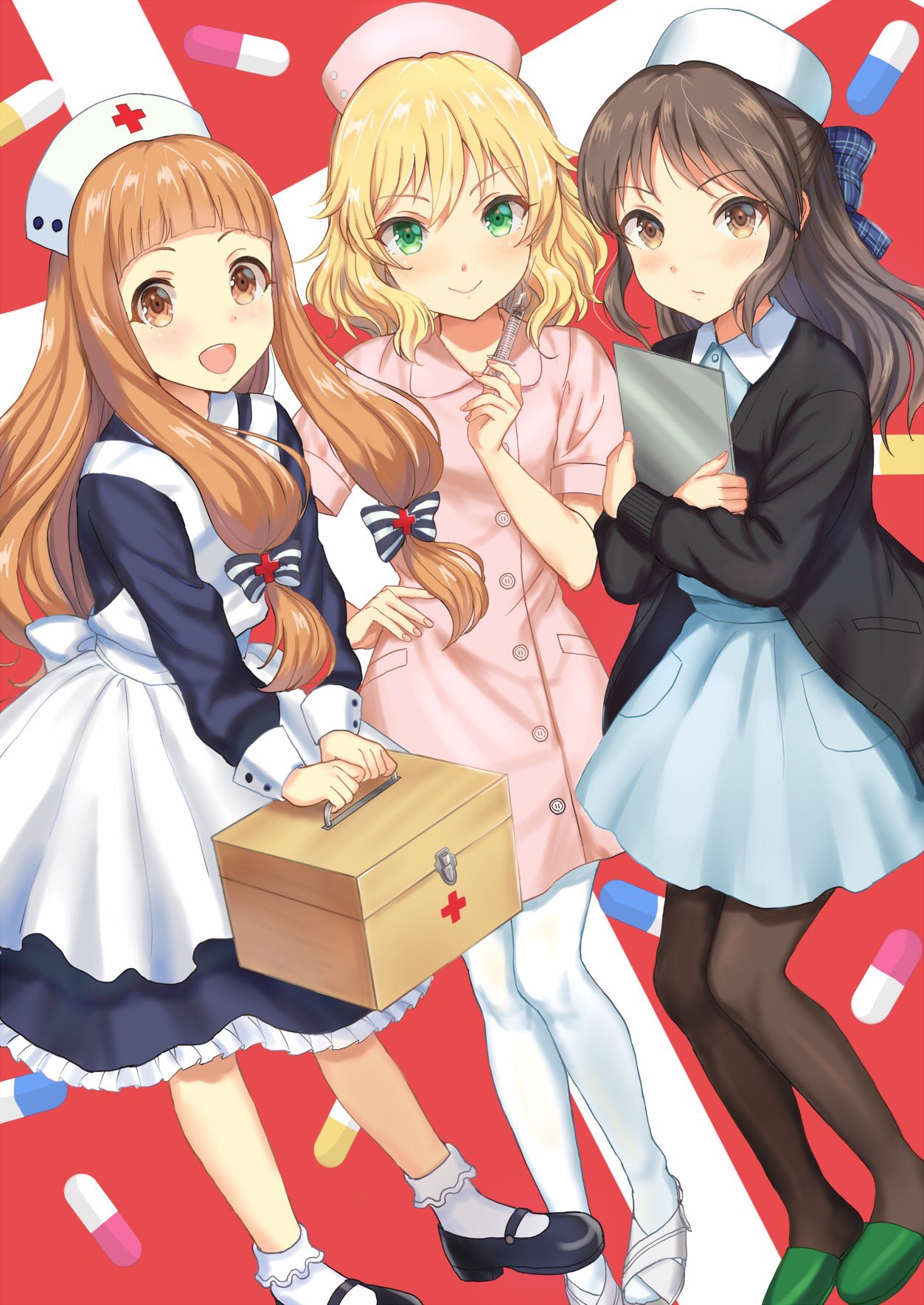 3girls black_hair blonde_hair blush brown_eyes first_aid_kit green_eyes hair_ribbon hat highres ichihara_nina idolmaster idolmaster_cinderella_girls jacket long_hair looking_at_viewer multiple_girls nurse nurse_cap open_mouth pantyhose pill ribbon sakamuke sakurai_momoka short_hair syringe tachibana_arisu