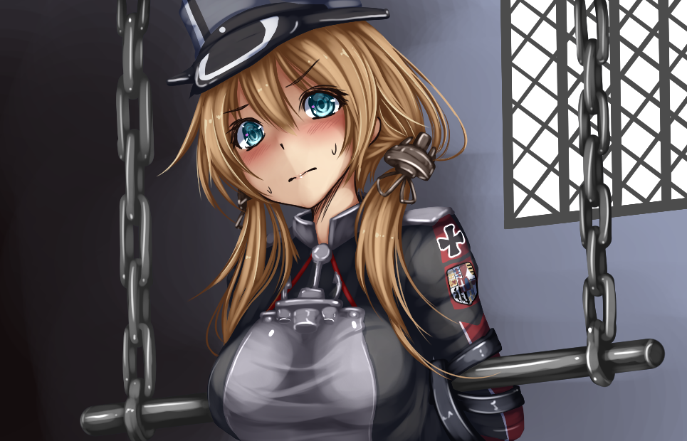 1girl blonde_hair blue_eyes blush breasts chains hat kantai_collection large_breasts long_hair long_sleeves low_twintails military military_uniform monikano peaked_cap prinz_eugen_(kantai_collection) restrained solo sweat twintails uniform