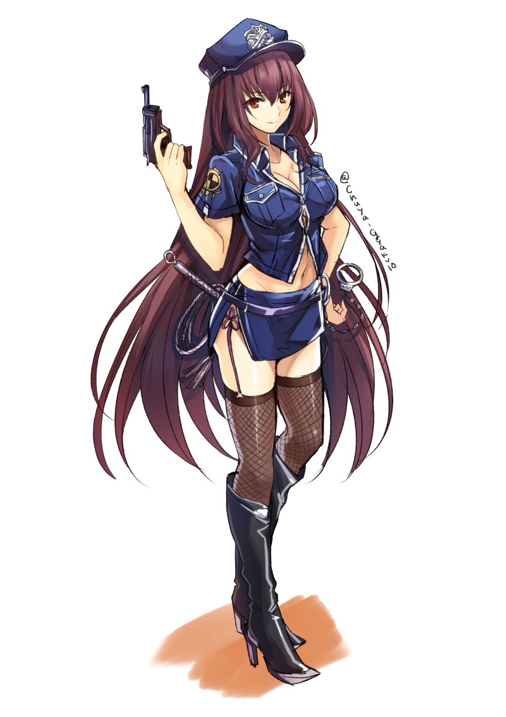 alternate_costume boots breasts cuffs fate/grand_order fate_(series) fishnet_legwear fishnets garter_straps gun handcuffs hat high_heels highres large_breasts long_hair looking_at_viewer police police_hat police_uniform policewoman purple_hair red_eyes scathach_(fate/grand_order) shimo_(s_kaminaka) simple_background thigh-highs thigh_boots uniform weapon white_background