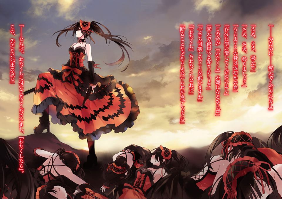 asymmetrical_hair black_hair choker date_a_live detached_sleeves dress floating_hair gothic_lolita gun hairband high_heels holding holding_gun holding_weapon lolita_fashion lolita_hairband long_hair novel_illustration official_art red_dress rifle see-through_silhouette sleeveless sleeveless_dress tokisaki_kurumi tsunako twintails very_long_hair weapon