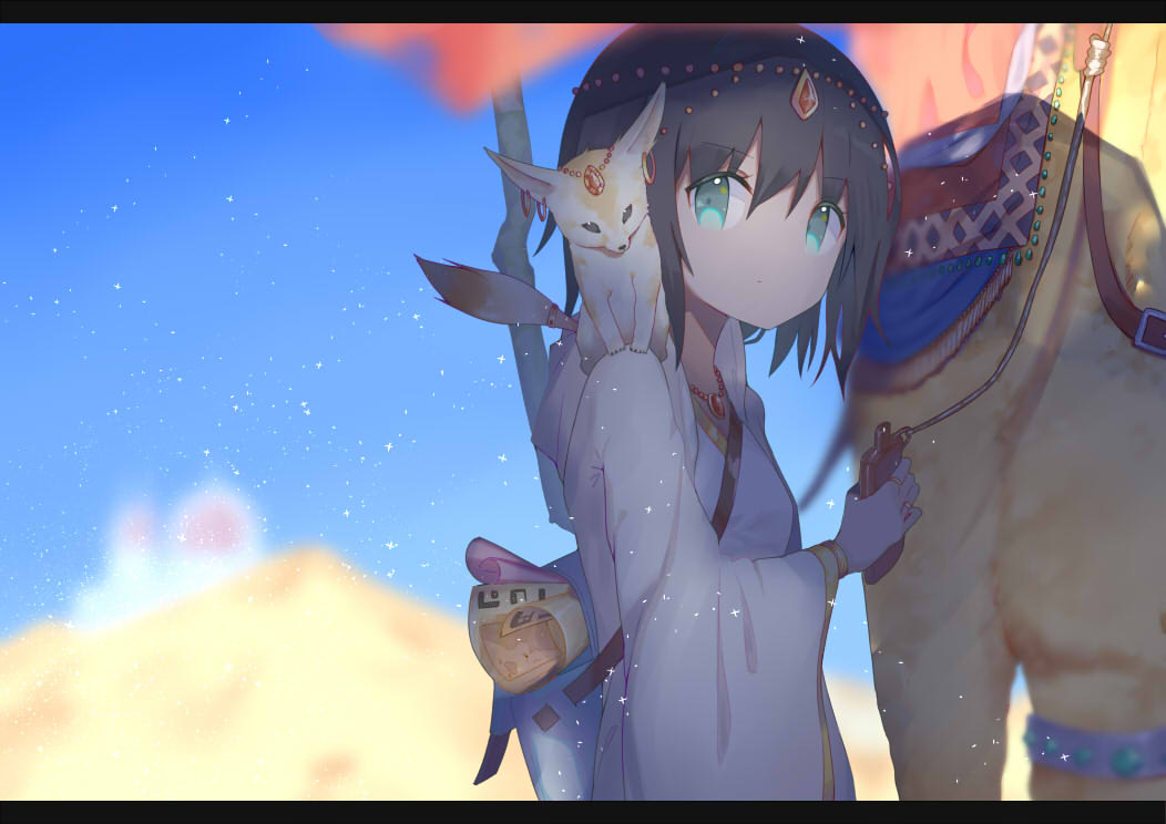 1girl animal animal_on_shoulder aqua_eyes arabian_clothes bag bangs black_hair blurry camel closed_mouth depth_of_field eyebrows_visible_through_hair holding kanase_(mcbrwn18) letterboxed long_sleeves looking-at_viewer looking_at_viewer original outdoors satchel scroll solo upper_body wide_sleeves
