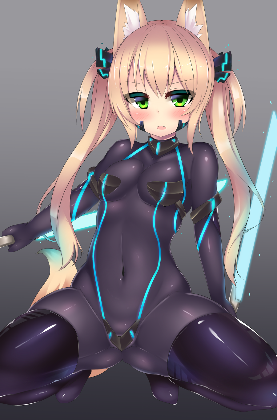 1girl animal_ears blush bodysuit fang fox_ears fox_tail gradient gradient_background green_eyes highres kutan long_hair looking_at_viewer open_mouth original skin_tight solo tail thigh-highs twintails