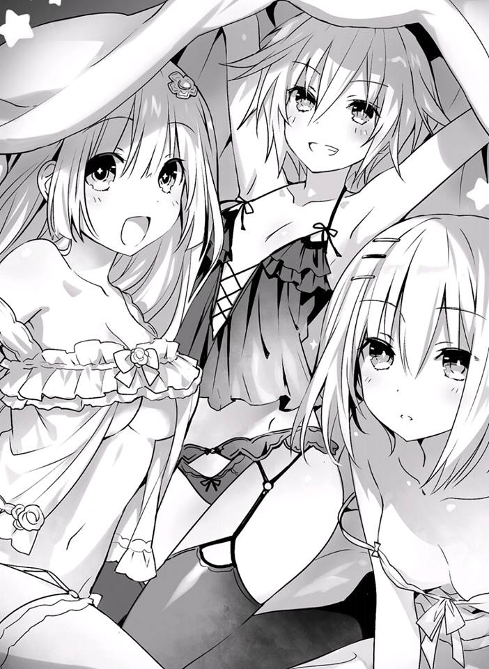 3girls arms_up babydoll blush bra breasts character_request cleavage collarbone date_a_live eyebrows_visible_through_hair garter_belt grin groin hair_between_eyes hair_ornament looking_at_viewer medium_breasts multiple_girls navel novel_illustration off_shoulder official_art open_mouth panties parted_lips short_hair small_breasts smile star tobiichi_origami tsunako under_boob underwear underwear_only