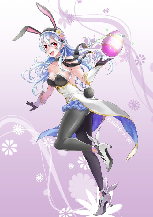 1girl alternate_costume animal_ears bare_shoulders breasts bunny_girl bunny_tail cleavage coattails easter_egg female_my_unit_(fire_emblem_if) fire_emblem fire_emblem_heroes fire_emblem_if flower full_body gloves high_heels kaboplus_ko long_hair my_unit_(fire_emblem_if) open_mouth pantyhose rabbit_ears red_eyes solo tail twitter_username