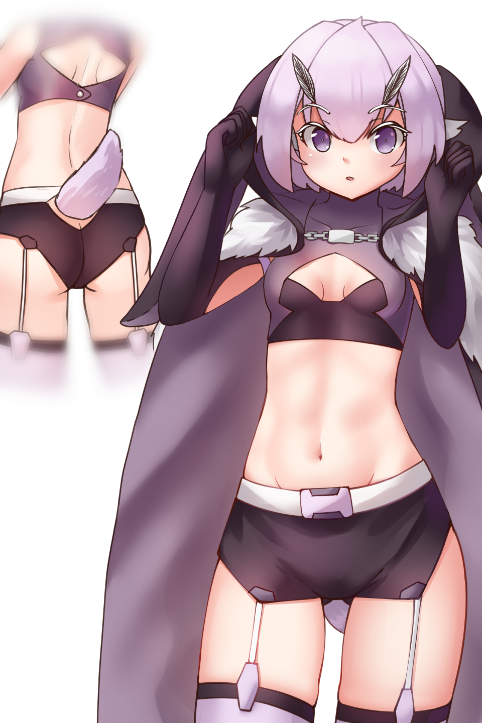1girl ass back black_gloves breasts cape chains cleavage_cutout covered_collarbone crop_top elbow_gloves fur_trim garter_straps gloves gluteal_fold groin highres kaafi looking_at_viewer midriff multiple_views navel original parted_lips purple_hair short_hair short_shorts shorts simple_background small_breasts tail thigh-highs violet_eyes white_background