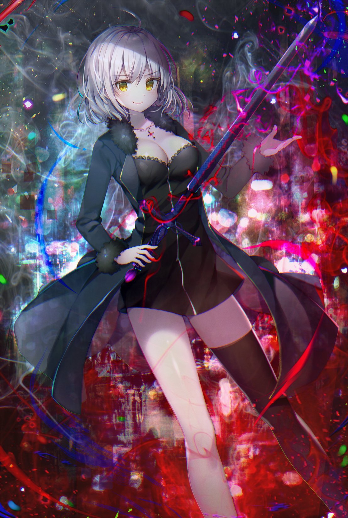 &gt;:) 1girl ahoge bangs black_dress black_jacket black_legwear blush breasts chromatic_aberration cleavage closed_mouth collarbone cross cross_necklace dress fate/grand_order fate_(series) fur_collar fur_trim highres holding holding_sword holding_weapon jacket jeanne_alter jewelry koto_seori large_breasts long_sleeves necklace open_clothes open_jacket pale_skin ruler_(fate/apocrypha) short_dress short_hair silver_hair single_thighhigh solo sword thigh-highs weapon yellow_eyes