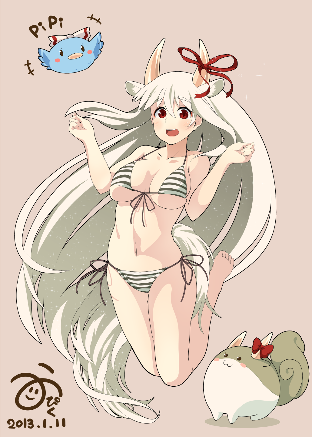 1girl :3 animal_ears bare_legs bare_shoulders barefoot bikini blush blush_stickers breasts cow_ears ex-keine extra_ears fujiwara_no_mokou fujiwara_no_mokou_(phoenix) full_body highres horns kamishirasawa_keine large_breasts long_hair onion_pikupiku open_mouth red_eyes revision side-tie_bikini silver_hair simple_background solo sukusuku_hakutaku swimsuit touhou very_long_hair