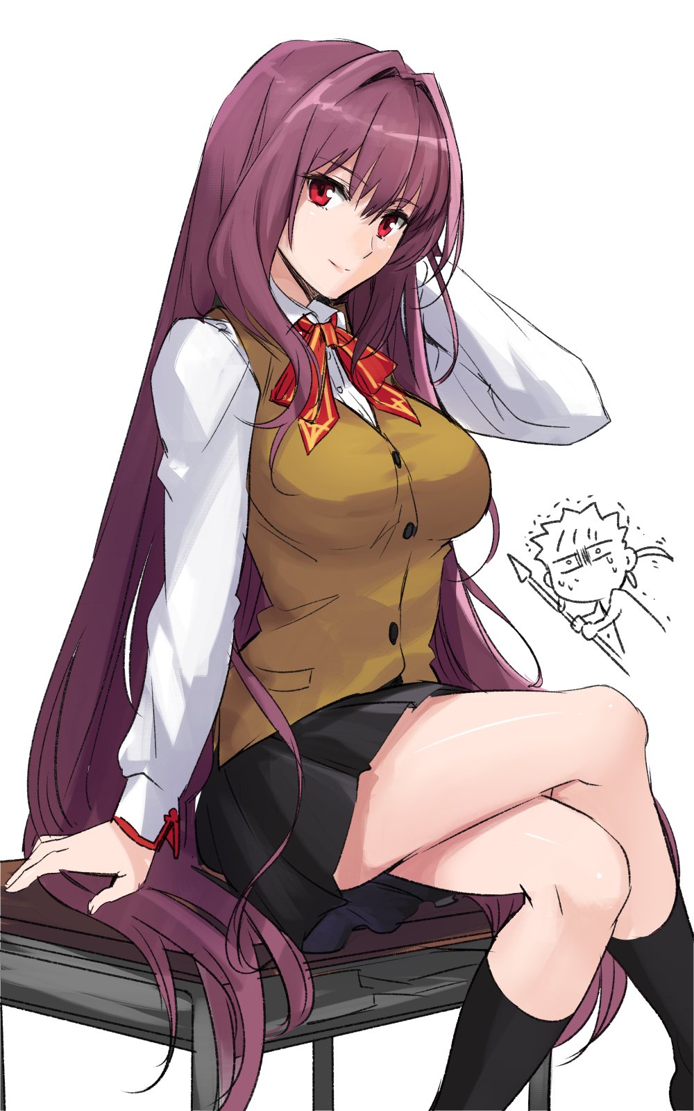 1boy 1girl blush book breasts fate/grand_order fate/stay_night fate_(series) gae_bolg highres lancer large_breasts legs_crossed long_hair looking_at_viewer on_table polearm purple_hair red_eyes scathach_(fate/grand_order) school_uniform shimo_(s_kaminaka) sitting smile spear table very_long_hair weapon