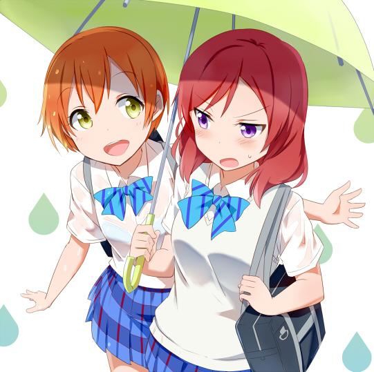 2girls :d bag bangs blue_bow blue_bowtie blue_bra blue_skirt blush bow bowtie bra breasts carrying carrying_bag collared_shirt commentary_request d:&lt; eyebrows_visible_through_hair gochou_(atemonai_heya) green_umbrella holding holding_umbrella hoshizora_rin long_hair looking_at_another love_live! love_live!_school_idol_project medium_breasts multiple_girls nishikino_maki open_mouth orange_hair plaid plaid_skirt redhead school_bag school_uniform see-through shared_umbrella shirt short_hair short_sleeves skirt smile striped striped_bow striped_bowtie sweatdrop sweater_vest umbrella underwear upper_body violet_eyes water_drop wet wet_clothes wet_shirt white_background white_shirt wing_collar yellow_eyes