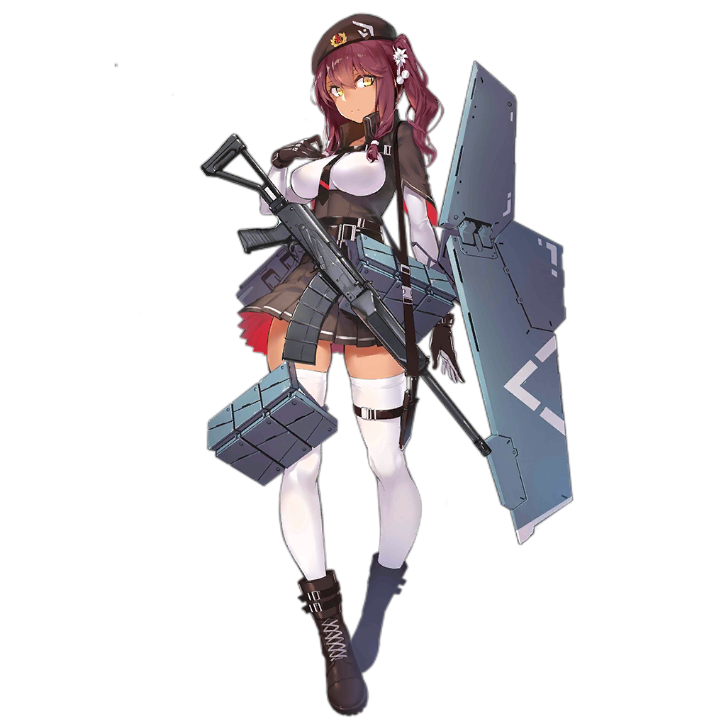1girl belt_buckle beret boots breasts buckle dark_skin full_body girls_frontline gloves gun hand_on_own_chest hat holding impossible_clothes large_breasts long_hair looking_at_viewer nightmaremk2 official_art personification purple_hair rifle saiga-12 saiga-12_(girls_frontline) skirt solo thigh-highs transparent_background twintails weapon white_legwear yellow_eyes