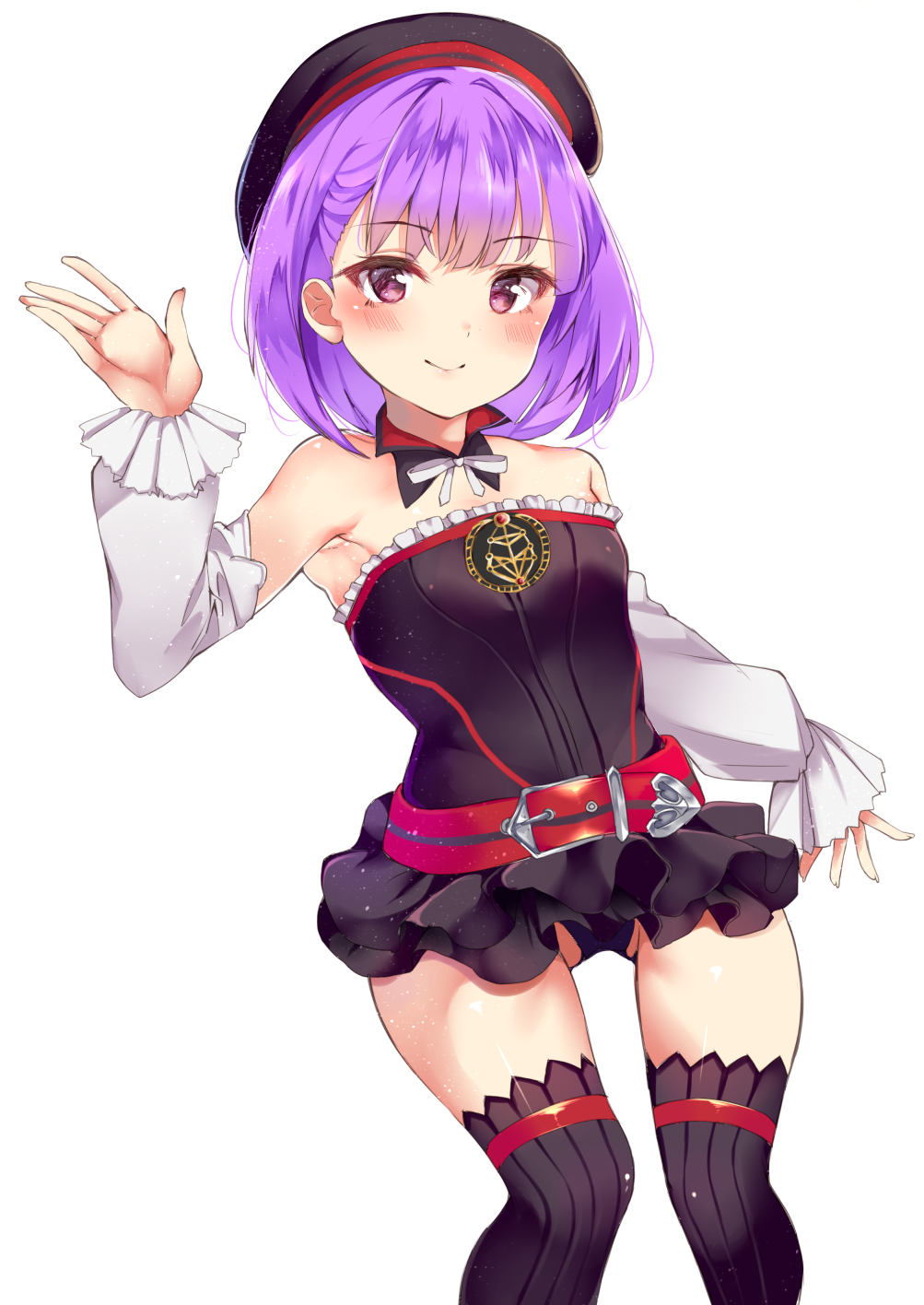 1girl bare_shoulders black_legwear blush detached_sleeves fate/grand_order fate_(series) hat helena_blavatsky_(fate/grand_order) highres looking_at_viewer purple_hair short_hair simple_background smile solo strapless thigh-highs tree_of_life ura1011 violet_eyes white_background