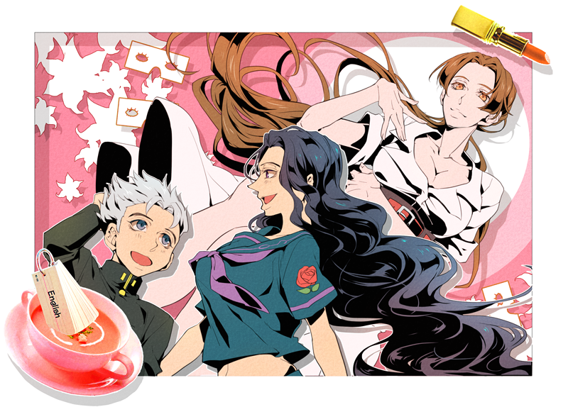 1boy 2girls black_hair breasts brown_hair cleavage gakuran hirose_kouichi jojo_no_kimyou_na_bouken lipstick long_hair makeup multiple_girls ponytail school_unifomr school_uniform senbiki_(nonono69) tsuji_aya very_long_hair wavy_hair white_hair yamagishi_yukako