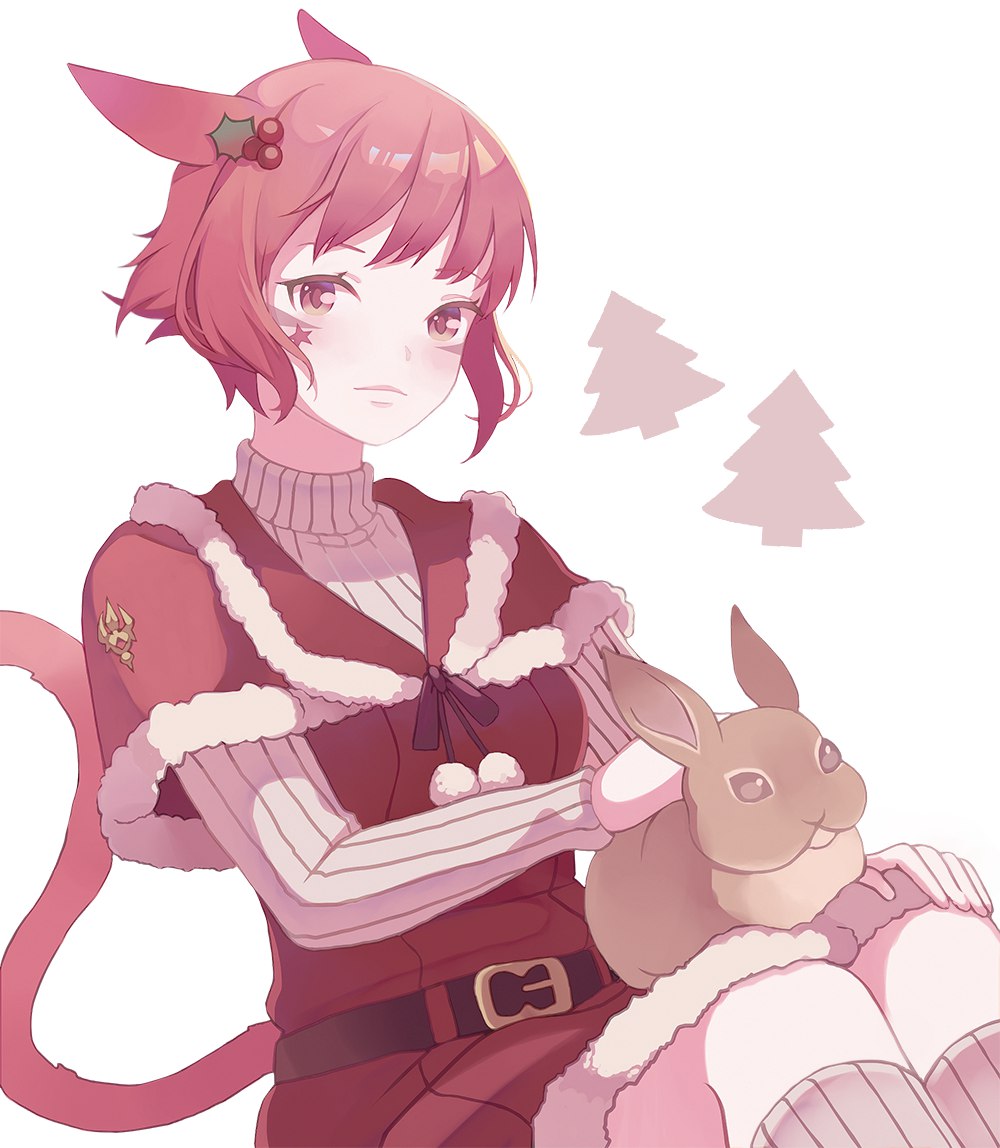 1girl animal_ears cat_ears cat_tail closed_mouth ear_piercing facial_mark facial_tattoo final_fantasy final_fantasy_xiv looking_at_viewer md5_mismatch miqo'te piercing rabbit red_clothes red_eyes redhead saibe santa_costume short_hair slit_pupils tail tattoo white_background