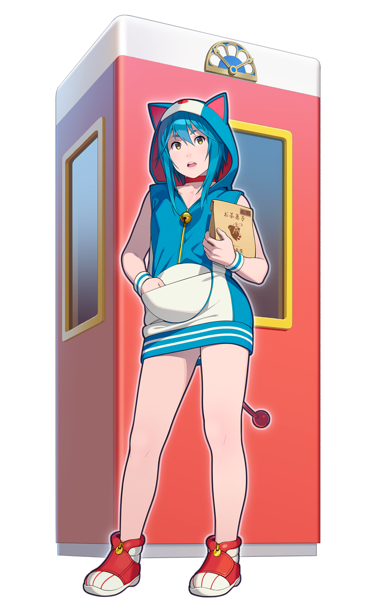 1girl animal_ears bell blue_hair choker doraemon doraemon_(character) go_robots hand_in_pocket highres holding hood hoodie no_pants open_mouth simple_background sleeveless sleeveless_hoodie solo tail wristband yellow_eyes