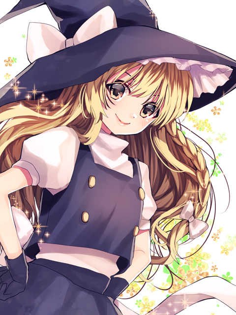 &gt;:) 1girl bangs black_gloves black_skirt black_vest blonde_hair blush bow braid floral_background glitter gloves hair_bow hakusai_ponzu hands_on_hips hat hat_bow kirisame_marisa long_hair looking_at_viewer puffy_short_sleeves puffy_sleeves short_sleeves side_braid skirt skirt_set smile solo touhou upper_body vest white_bow witch_hat yellow_eyes