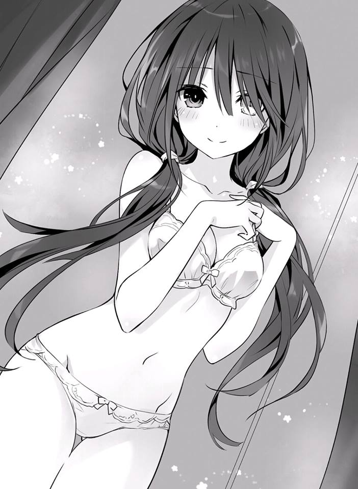 1girl blush bow bra breasts cleavage clock_eyes collarbone cowboy_shot date_a_live dutch_angle eyebrows_visible_through_hair groin hair_bow hair_ornament heterochromia long_hair looking_at_viewer medium_breasts navel novel_illustration official_art panties smile solo standing symbol-shaped_pupils tokisaki_kurumi tsunako twintails underwear underwear_only white_bra white_panties