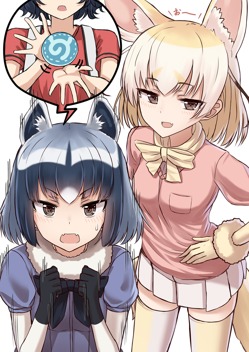 3girls animal_ears bangs black_gloves black_hair blonde_hair blue_hair blush brown_eyes d:&lt; eyebrows_visible_through_hair fang fennec_(kemono_friends) gloves hand_on_hip hands_up head_out_of_frame highres japari_bun jitome kaban kemono_friends levitation looking_at_viewer multiple_girls open_mouth pleated_skirt rabochicken raccoon_(kemono_friends) red_shirt shirt short_hair short_sleeves simple_background skirt smile smug speech_bubble sweatdrop tail thigh-highs white_background white_skirt yellow_legwear