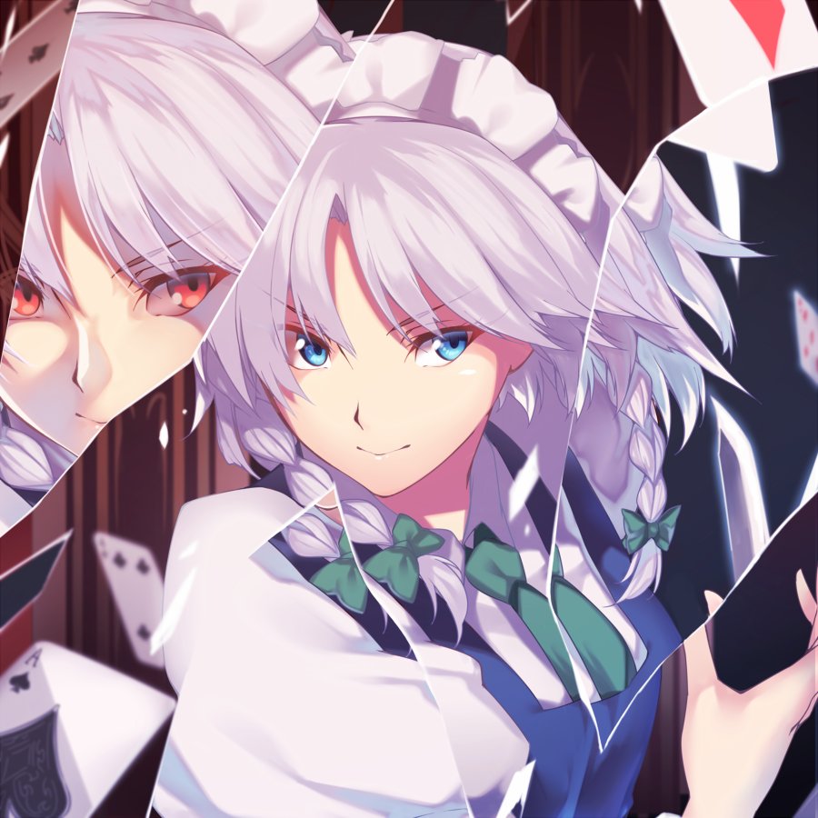 &gt;:) 1girl bangs blue_eyes bow braid broken_glass card closed_mouth dual_persona glass green_bow green_necktie hair_bow izayoi_sakuya kaiza_(rider000) looking_at_viewer maid maid_headdress necktie playing_card red_eyes reflection silver_hair smile solo touhou twin_braids upper_body