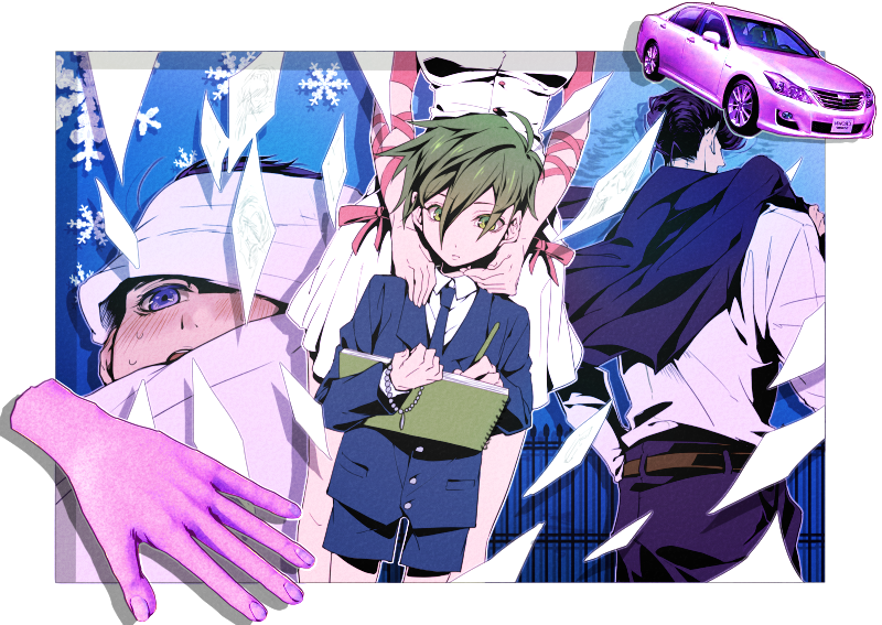 1girl bandage blue_eyes child disembodied_limb green_eyes green_hair hands jojo_no_kimyou_na_bouken kishibe_rohan multiple_boys notebook pompadour purple_hair senbiki_(nonono69) shorts sugimoto_reimi younger