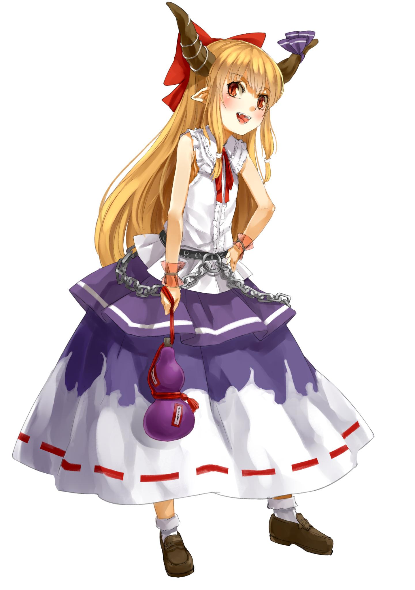 1girl ascot blonde_hair bobby_socks bottle bow chains fangs full_body hair_bow hair_ornament hair_ribbon hand_on_hip highres horn_bow horn_ribbon horns ibuki_suika loafers long_hair looking_at_viewer nishiuri open_mouth pointy_ears red_bow red_eyes ribbon ribbon-trimmed_skirt sake_bottle shirt shoes simple_background skirt sleeveless smile socks solo standing touhou very_long_hair white_background white_legwear wrist_cuffs