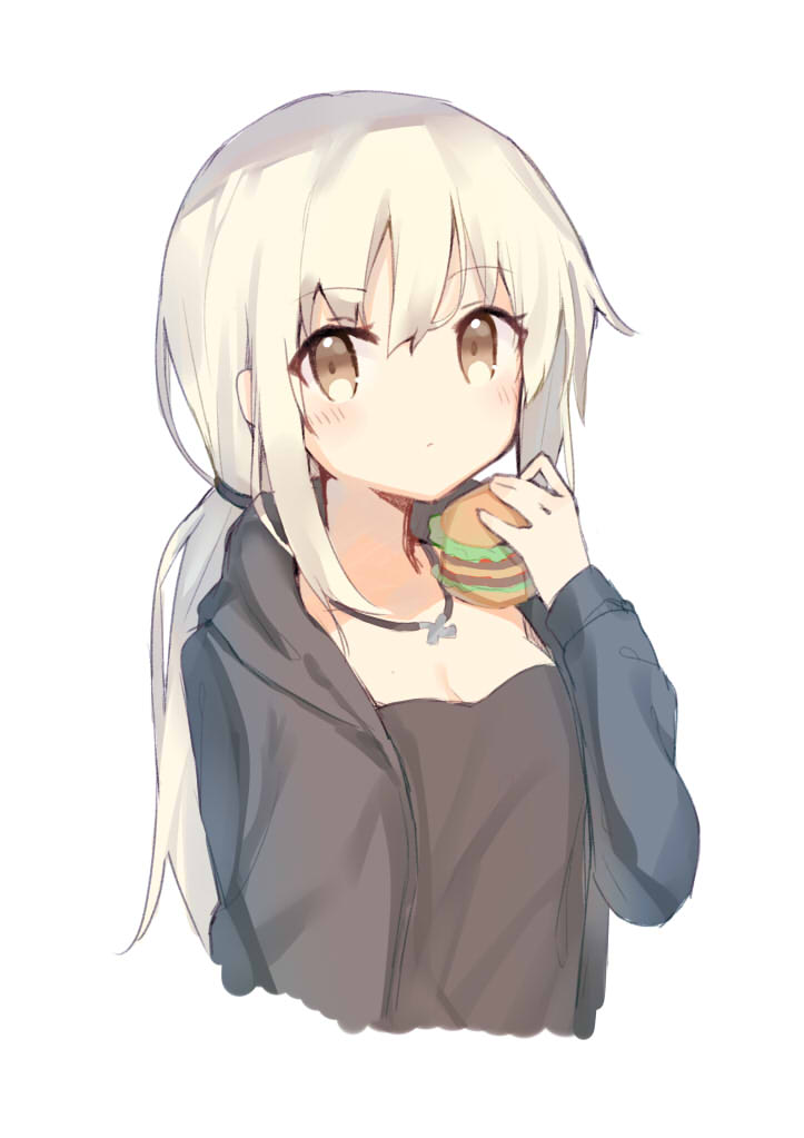 1girl bangs blonde_hair blush breasts brown_eyes brown_shirt closed_mouth cropped_torso eyebrows_visible_through_hair fate/grand_order fate_(series) food hamburger holding holding_food hood hoodie jewelry kanase_(mcbrwn18) long_hair looking_at_viewer necklace open_clothes open_hoodie ponytail saber saber_alter shirt sidelocks simple_background small_breasts solo white_background