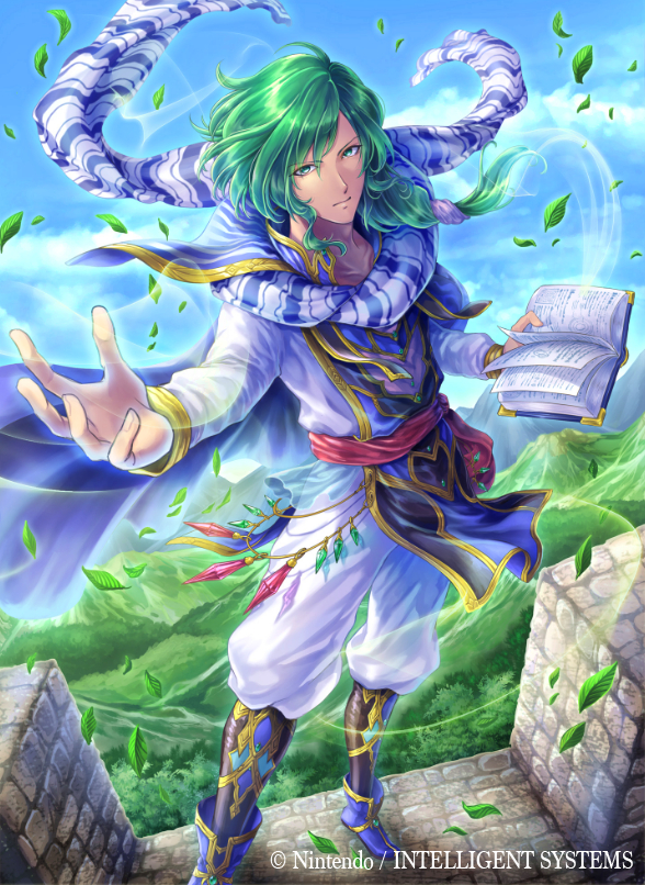1boy book boots cape company_name fire_emblem fire_emblem:_seisen_no_keifu fire_emblem_cipher full_body green_eyes green_hair kazura_enji leaf levin_(fire_emblem) long_hair low_ponytail male_focus mountain official_art scarf sky solo tree