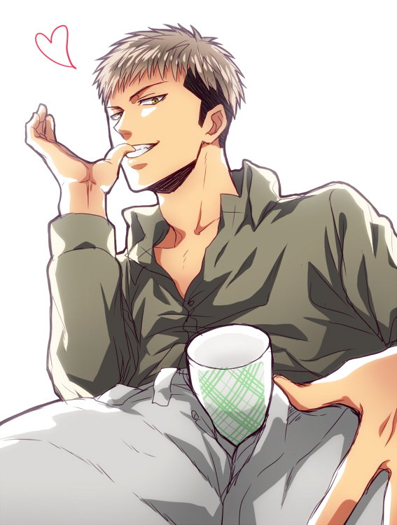 1boy brown_hair collarbone cup grin hand_on_own_thigh heart jean_kirchstein long_sleeves looking_at_viewer male_focus multicolored_hair seductive_smile sexually_suggestive shingeki_no_kyojin simple_background smile solo spread_legs two-tone_hair undercut white_background yuuki_ichitaka