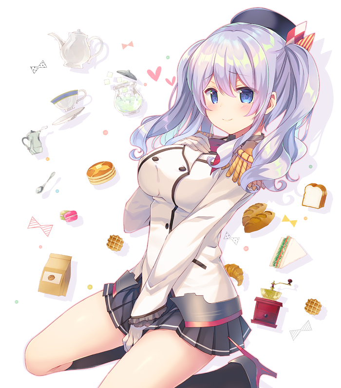 1girl beret blue_eyes bread breasts cream croissant cup epaulettes food hat kantai_collection kashima_(kantai_collection) large_breasts long_hair looking_at_viewer macaron military military_uniform miniskirt pancake pleated_skirt sandwich silver_hair skirt smile solo spoon takei_ooki teacup teapot tsurime twintails uniform waffle wavy_hair