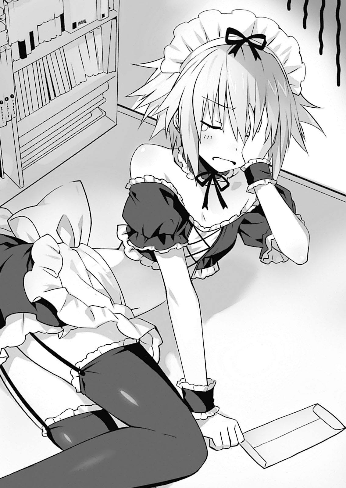 1girl black_legwear black_ribbon bow breasts character_request choker cleavage closed_eyes crop_top date_a_live eyebrows_visible_through_hair garter_straps hair_bow highres indoors maid_headdress midriff monochrome navel novel_illustration official_art ribbon short_hair skirt small_breasts solo stomach tears thigh-highs tsunako wrist_cuffs