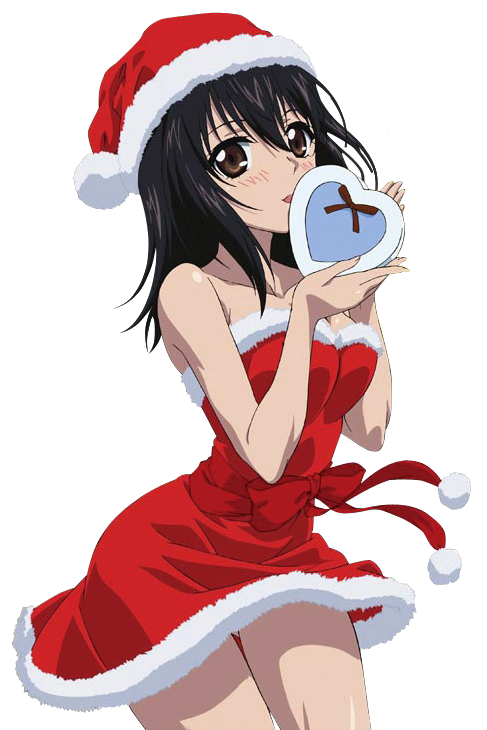 1girl black_hair black_ribbon blush breasts brown_eyes cleavage cowboy_shot dress gluteal_fold hair_between_eyes hat himeragi_yukina holding long_hair looking_at_viewer medium_breasts red_dress red_hat ribbon santa_costume santa_hat shiny shiny_skin short_dress sleeveless sleeveless_dress solo standing strapless strapless_dress strike_the_blood transparent_background