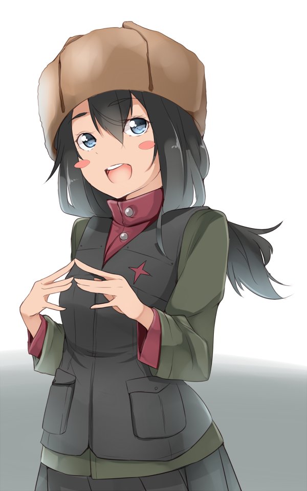 1girl alternate_hair_length alternate_hairstyle amai_nekuta bangs black_skirt black_vest blue_eyes blush_stickers brown_hair brown_hat commentary_request fingers_together fur_hat girls_und_panzer green_jacket hat jacket long_hair long_sleeves looking_at_viewer military military_uniform nina_(girls_und_panzer) older open_mouth pleated_skirt pravda_military_uniform red_shirt shirt skirt smile solo standing turtleneck uniform upper_body ushanka vest white_background