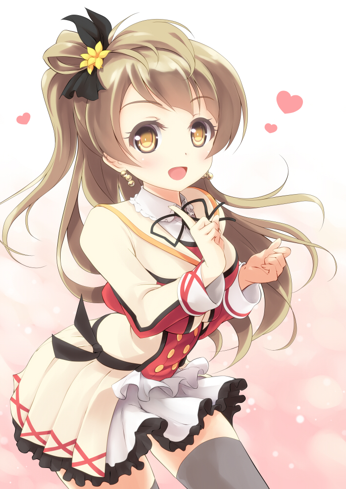 1girl blush bow brown_hair buttons commentary_request earrings flower frilled_skirt frills hair_flower hair_ornament hair_ribbon heart jewelry kdc_(koineko) long_hair love_live! love_live!_school_idol_project minami_kotori one_side_up open_mouth pleated_skirt ribbon side_ponytail skirt smile solo thigh-highs yellow_eyes